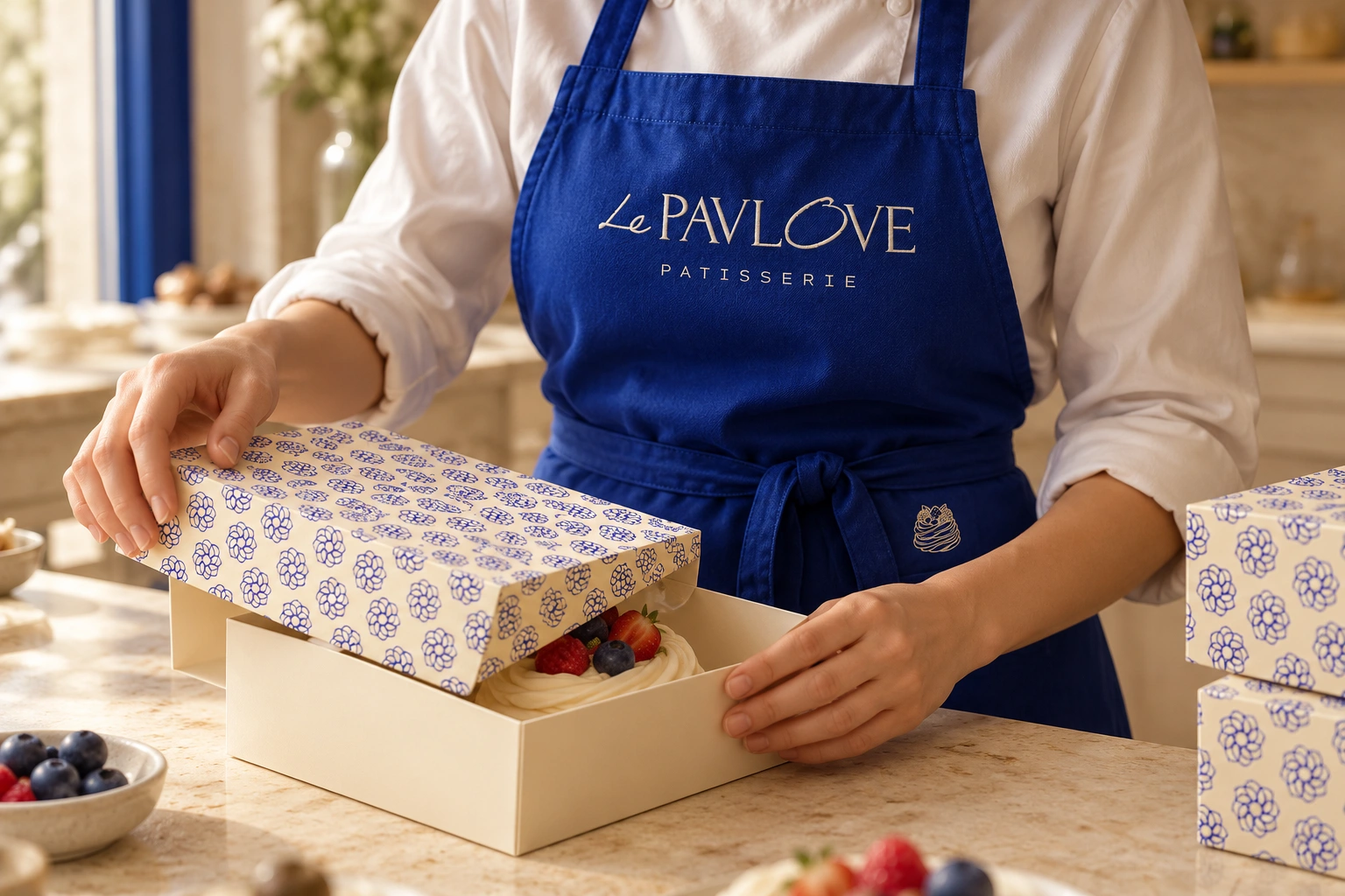 Mockup Le Pavlove: delantal de pastelería y caja con patrón floral