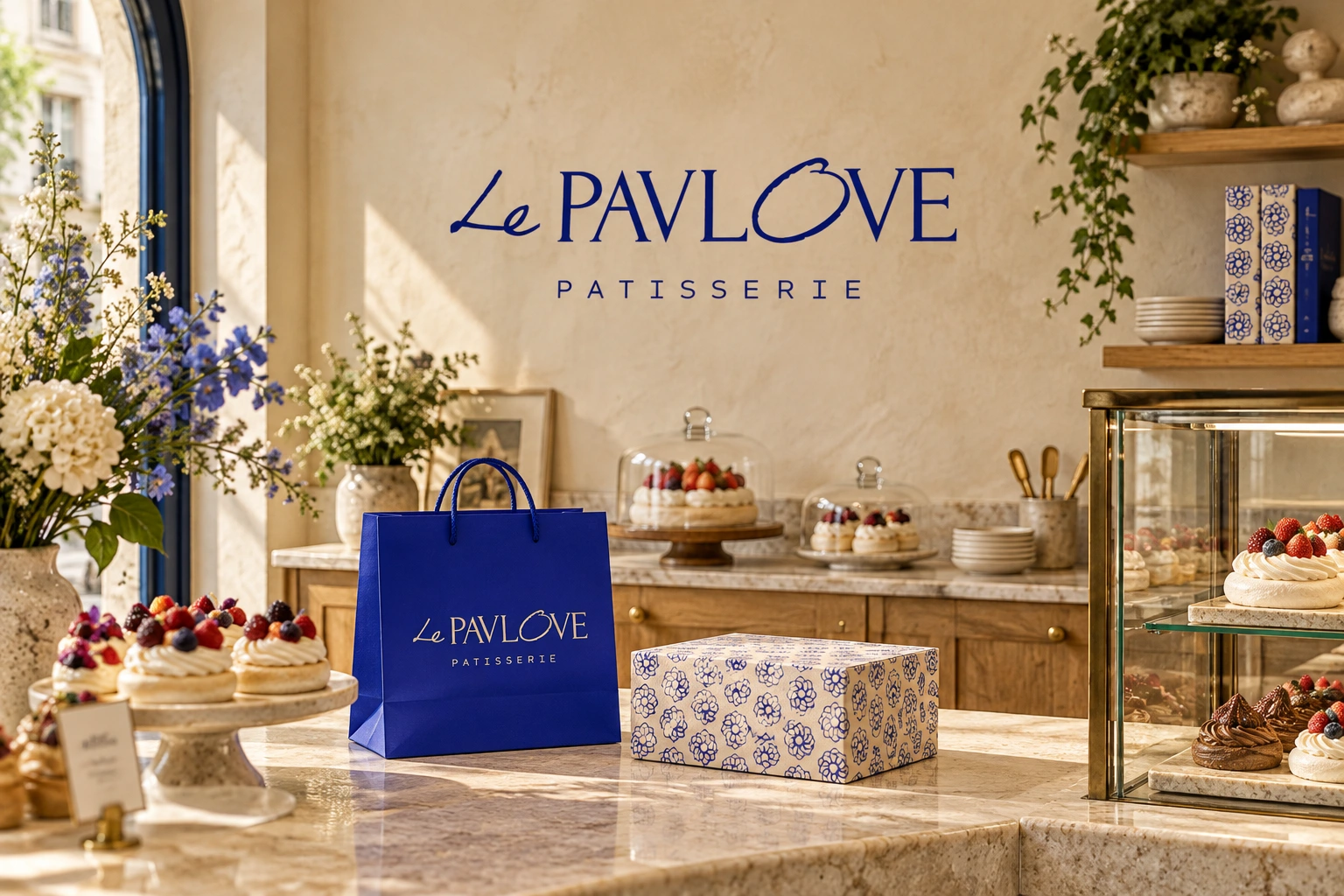Mockup Le Pavlove: espacio de atención con pastelería, flores y empaques
