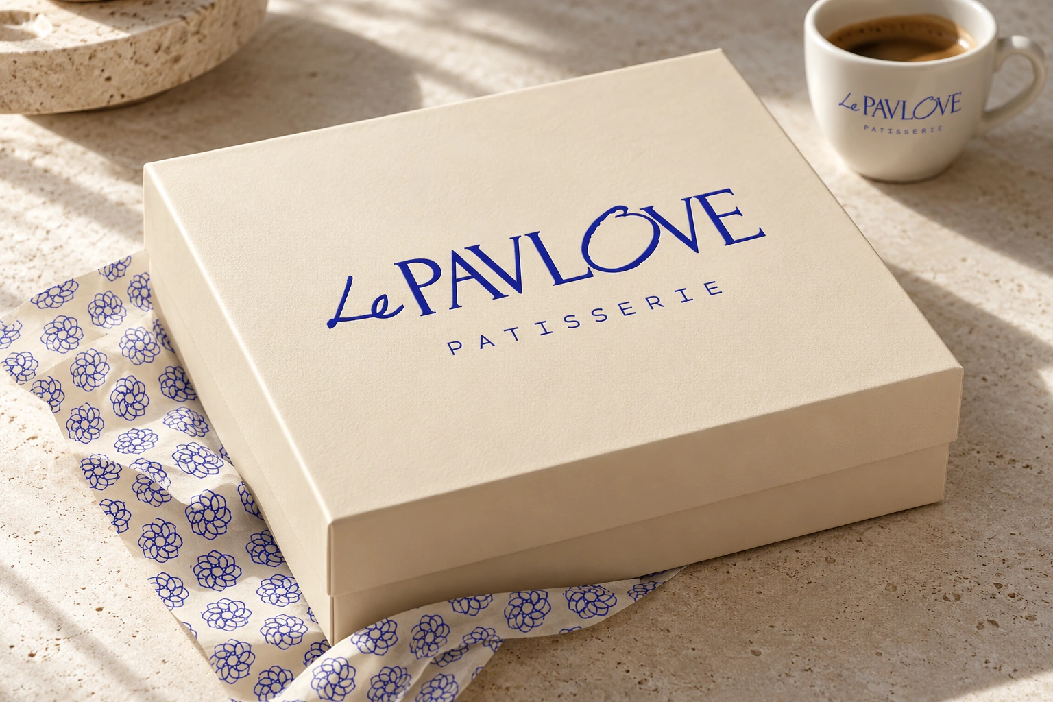 Mockup de empaque Le Pavlove con el logo principal y papel de envoltura